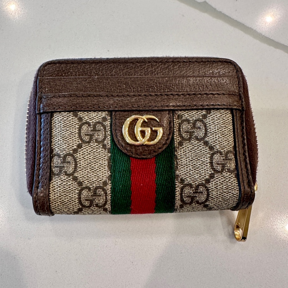 Gucci GG Ophidia Canvas Wallet with Brown Leather and Gold Accents